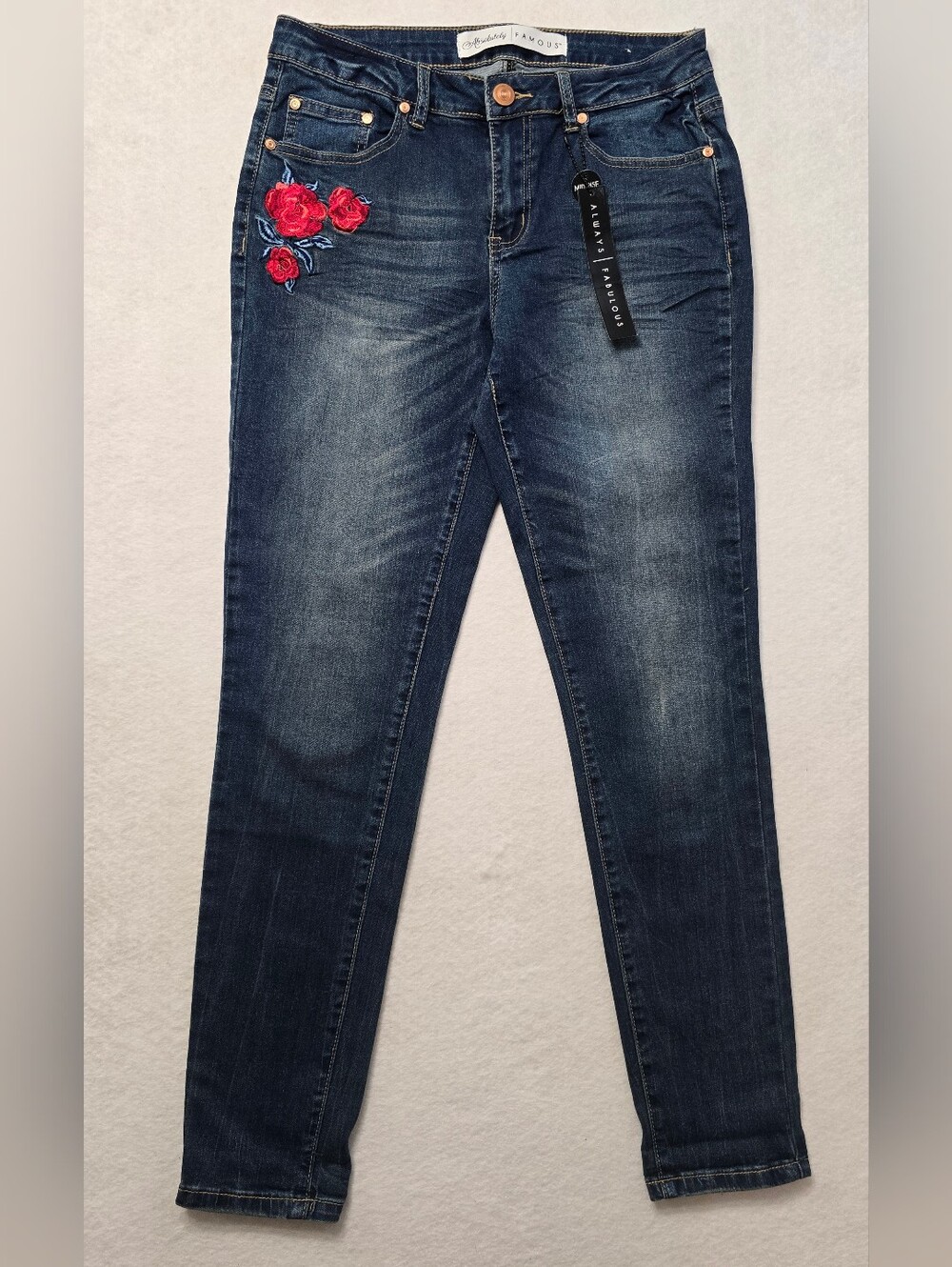 Absolutely Famous Dark Wash Skinny Jeans with Red Rose Embroidery